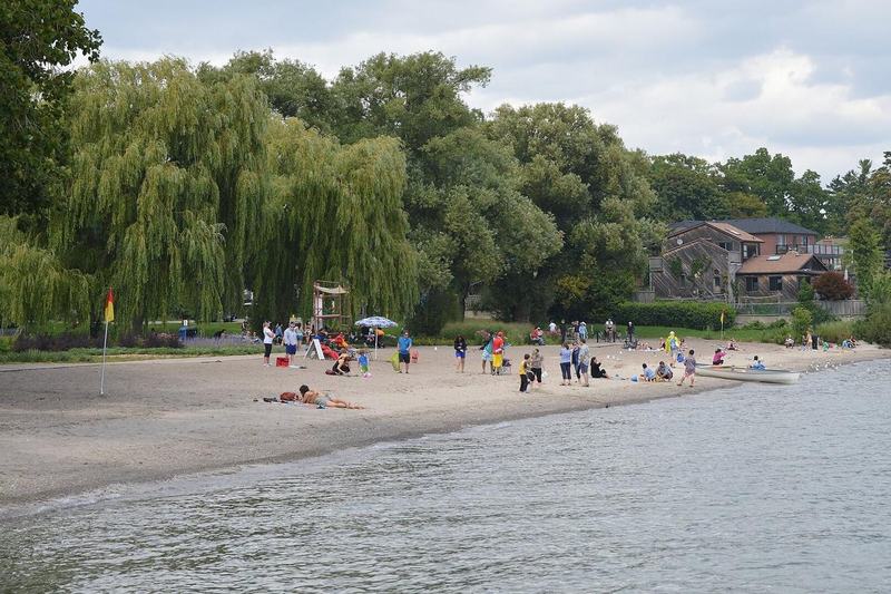 The beach at Marie Curtis Park in Long Branch, Toronto, with people along the shore and willow trees behind